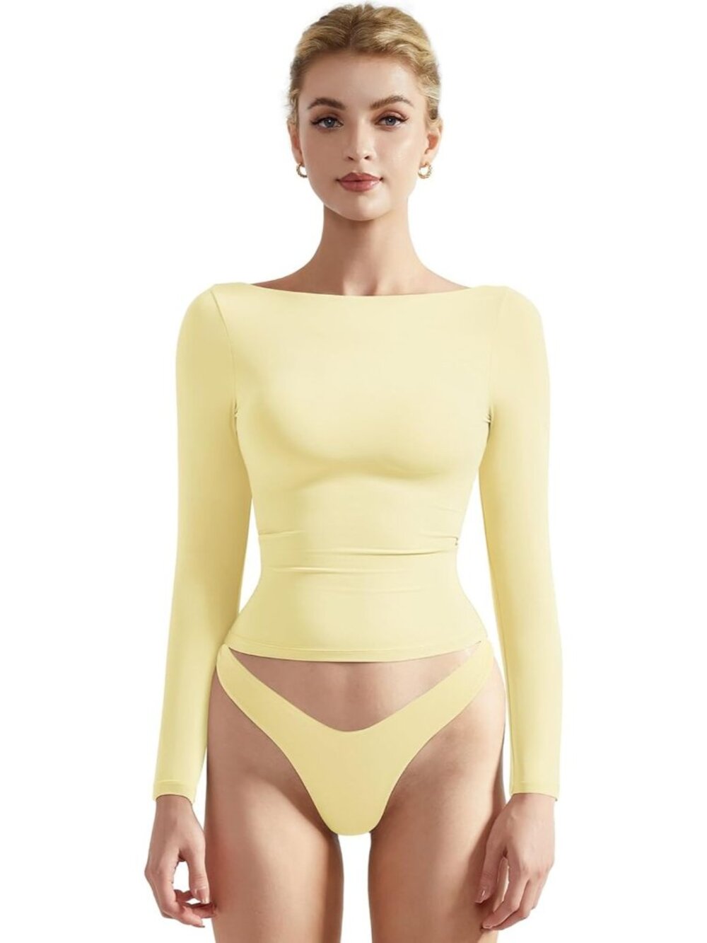 Women's Butter Yellow Crew Neck Long Sleeve Crop Top Double Lined Fitted Shirt